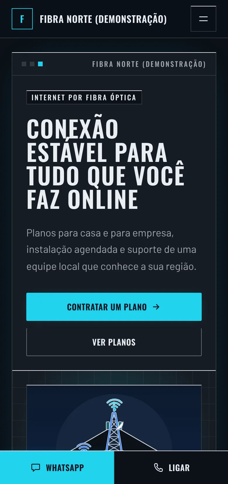Site de demonstração no estilo tecnológico, no celular